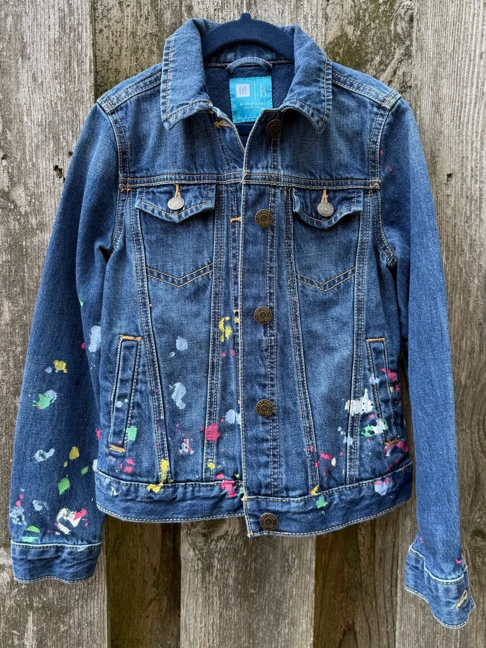 GAP Blue Denim Jacket with Artist back and Multicolor Paint Splatters